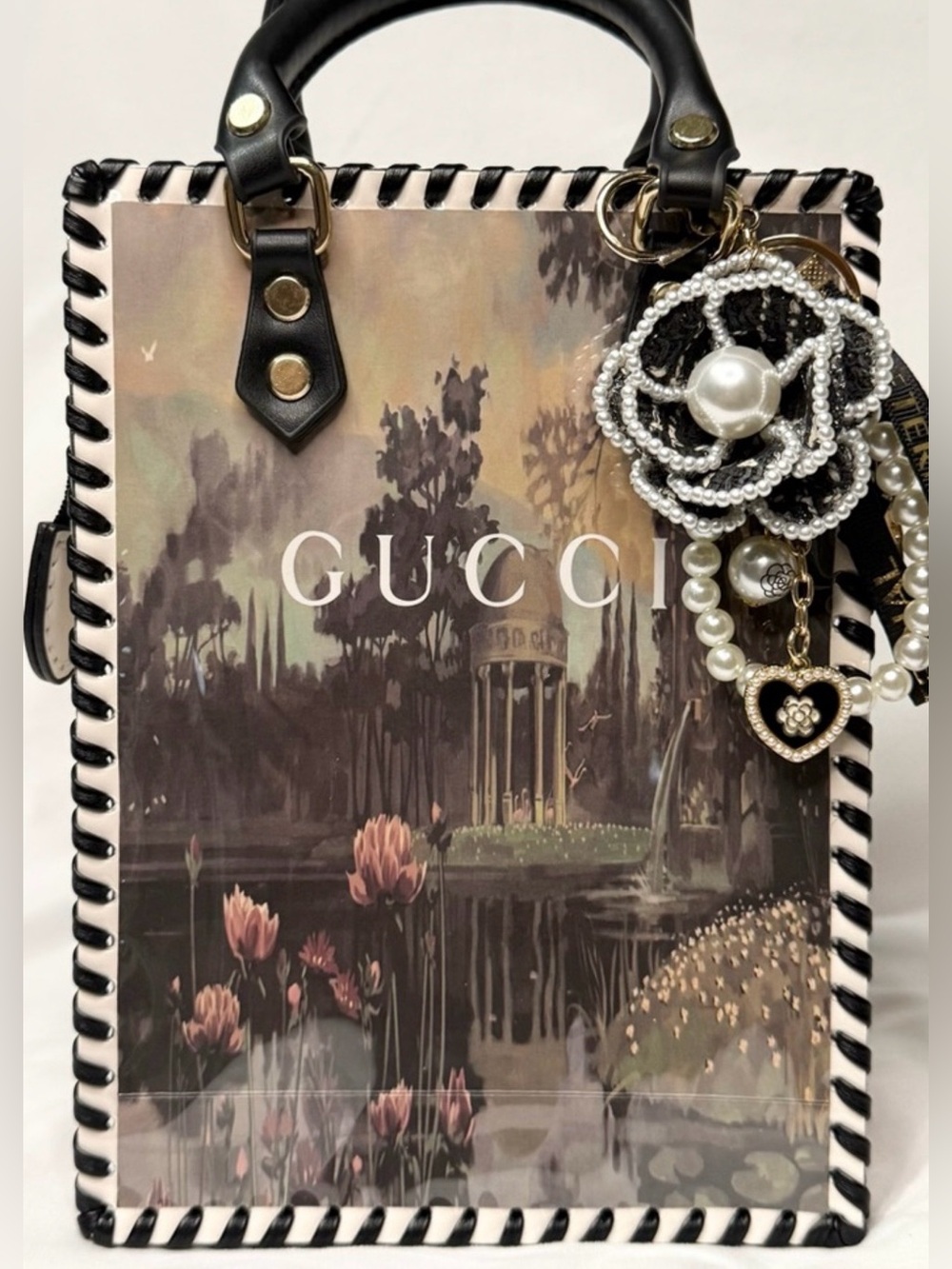 Upcycled Gucci Black Floral Print tote with Pearl Charm Keyring